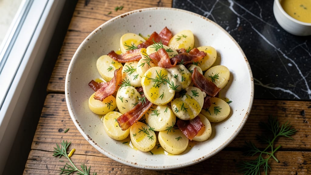 Bavarian German Potato Salad Recipe: Mustard-Vinegar Crunch With Warm Bacon Bits
