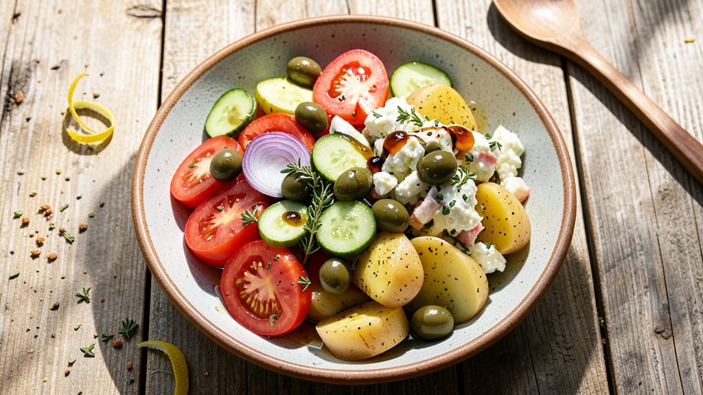 Authentic Greek Salad Recipe with Potato Salad: Mediterranean Twist with Crispy Potatoes