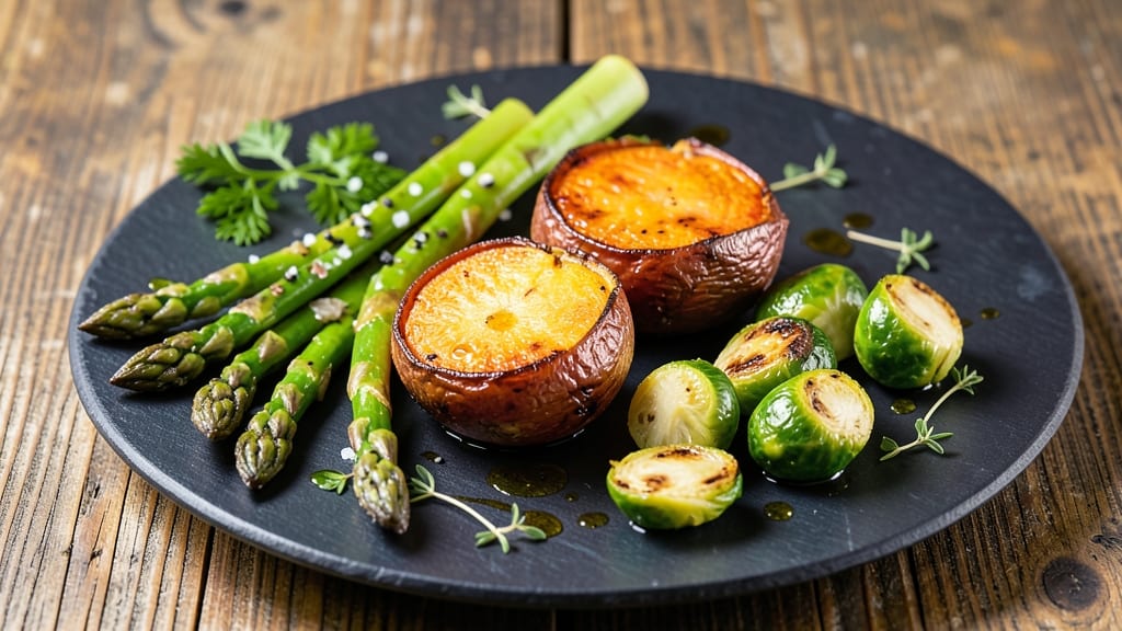 Sweet Potato, Asparagus, and Brussels Sprouts Recipe: Roasted Trio With Caramelized Edges