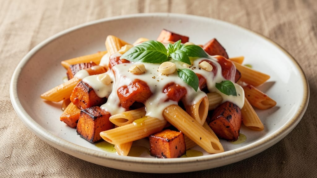 Sweet Potato Penne Pasta Recipe: Roasted Sweet Potatoes Meet Creamy Tomato Pesto