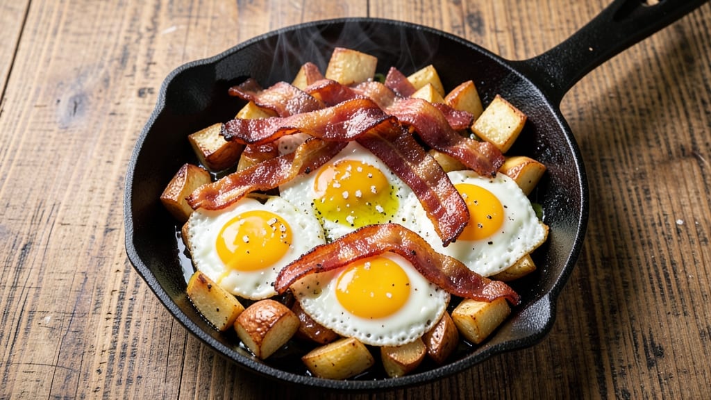 Bacon Egg Potato Skillet Recipe: Crispy Potatoes, Crispy Bacon, Runny Yolk Magic