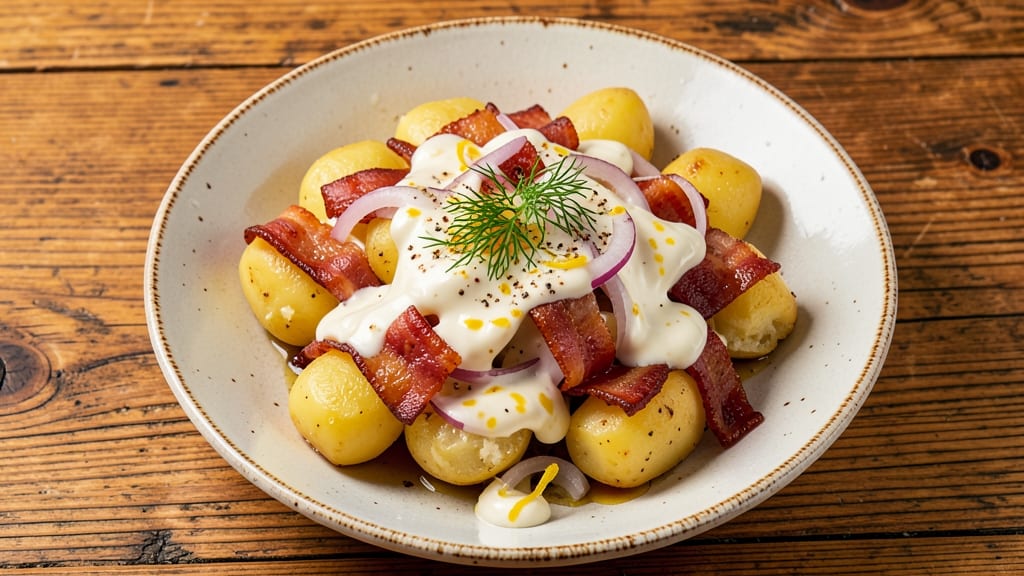 Best Ever German Potato Salad Recipe: Mustard-Vinegar Crunch With Crispy Bacon Bites